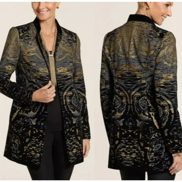Chico's Jackets & Blazers - Chico's Flocked Tapestry Duster Jacket Size Large /2 Black Gold Pockets Velvet